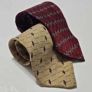 Pair of Nautica Silk Mens Neck Ties Geometric Patterns Red/Blue Gold/Brown Busin